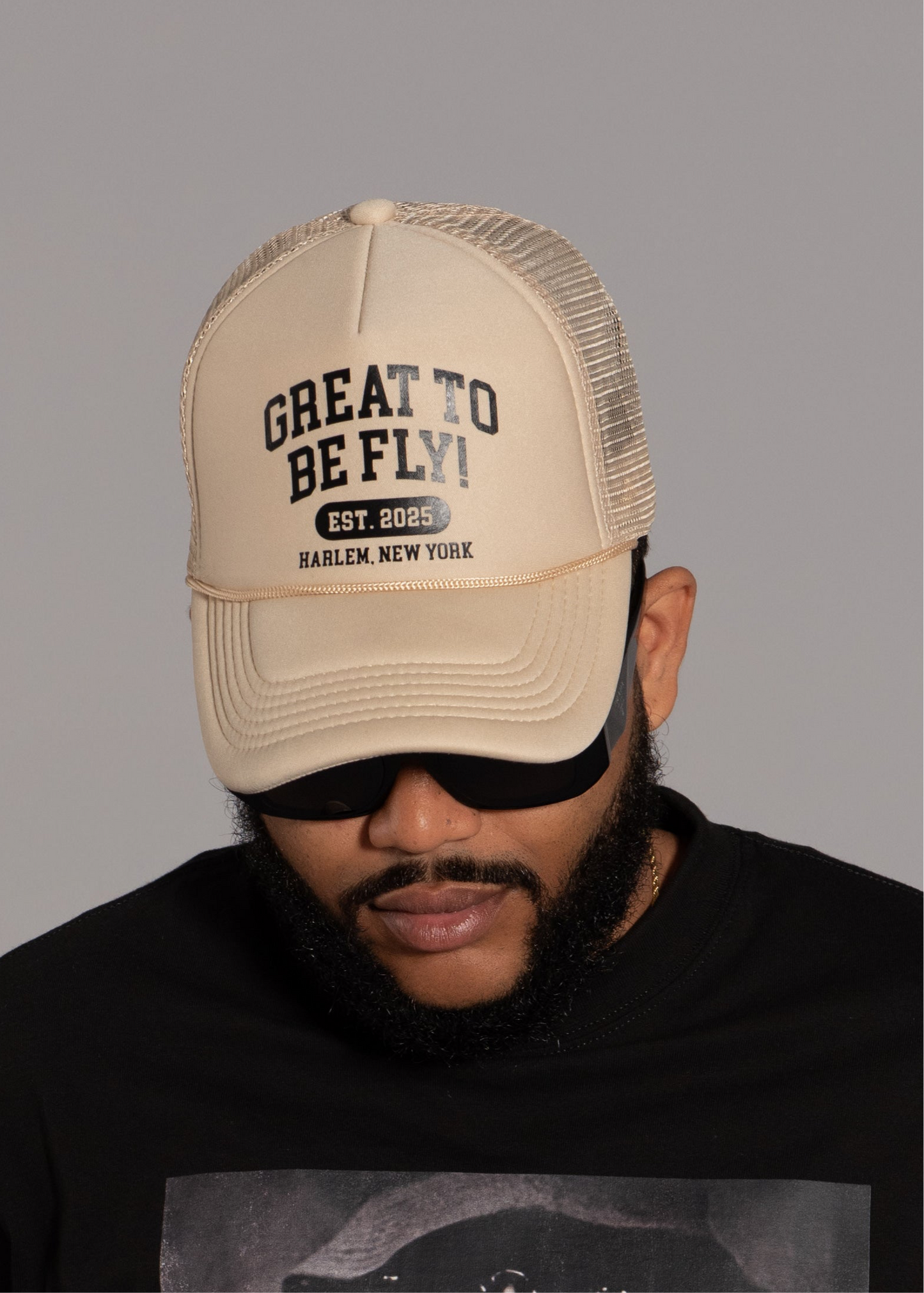 GREAT TO BE FLY! Trucker Hat – Tan & Black