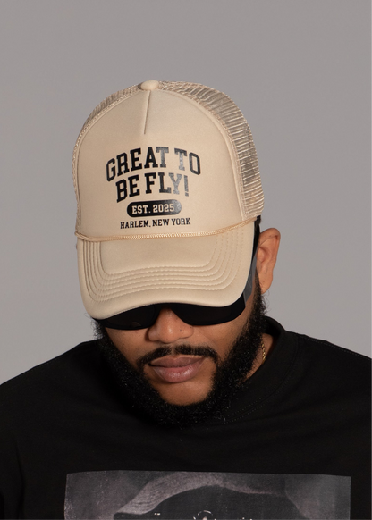GREAT TO BE FLY! Trucker Hat – Tan & Black