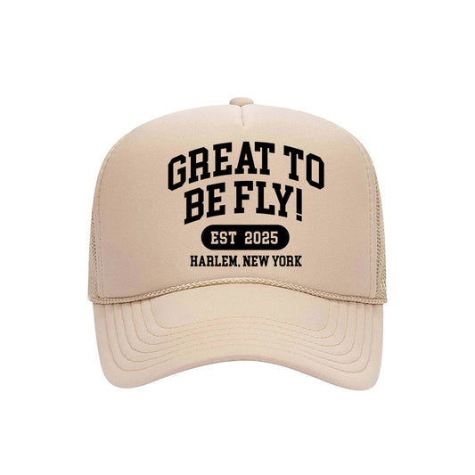 GREAT TO BE FLY! Trucker Hat – Tan & Black