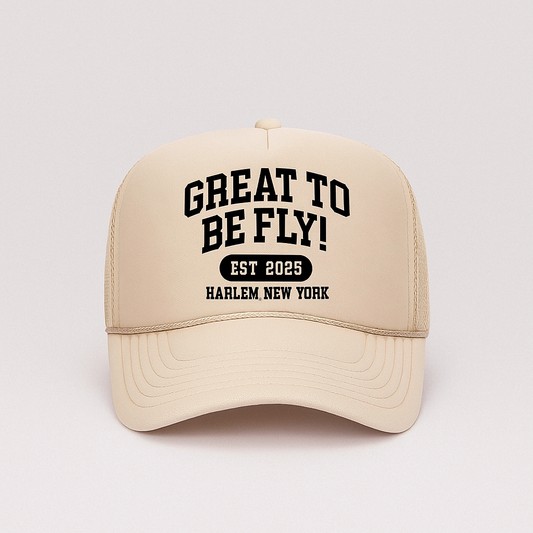 GREAT TO BE FLY! Trucker Hat – Tan & Black